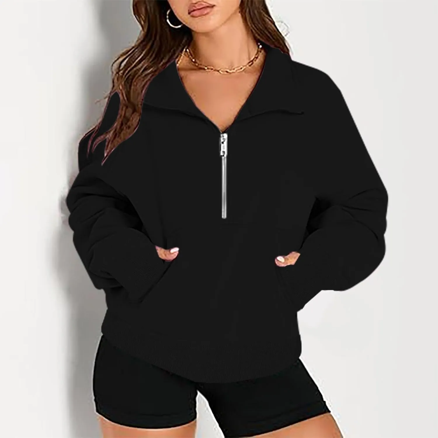 Womens Sweatshirts with Thumb Hole Half Zipper Fleece Athletic Pullovers Mock Neck Fall Winter Oversized Sweat Shirt