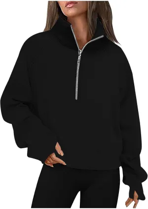 Womens Sweatshirts with Thumb Hole Half Zipper Fleece Athletic Pullovers Mock Neck Fall Winter Oversized Sweat Shirt