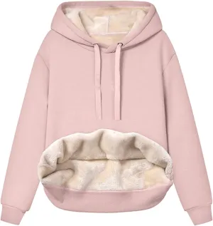 Womens Thick Fleece Hoodies Casual Solid Sweatshirts Comfy Soft Long Sleeve Drawsting Pullover with Pocket 2024 Tops