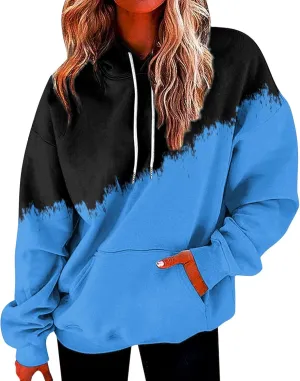 Women's Tie Dye Hoodies Fall Long Sleeve Casual Color Block Oversized Pullover Sweatshirt with Pocket
