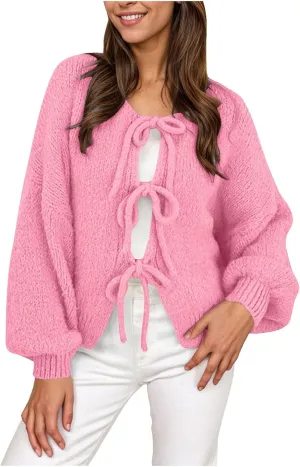 Womens Tie Front Cardigan Sweaters Cute Bow Chunky Long Puff Sleeve Sweater Fall Winter Jacket Coat