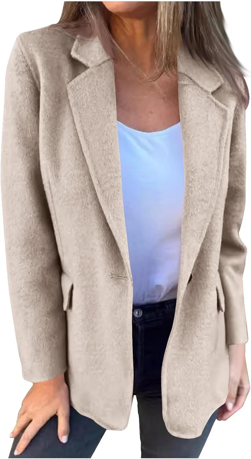 Womens Trench Coat Business Casual Blazers Notch Lapel Pea Coat Plus Size Wool Blend Coats Trendy Work Office Jackets