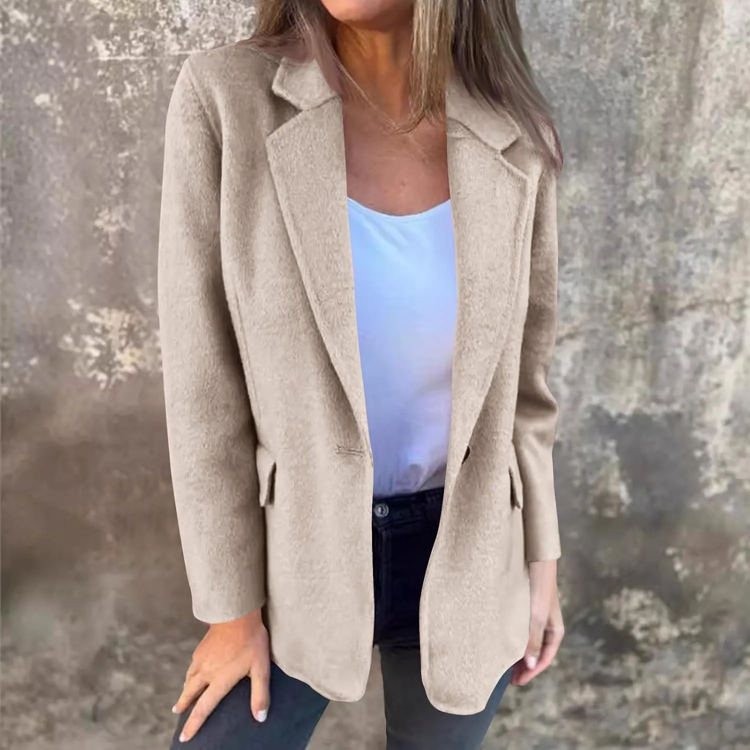 Womens Trench Coat Business Casual Blazers Notch Lapel Pea Coat Plus Size Wool Blend Coats Trendy Work Office Jackets