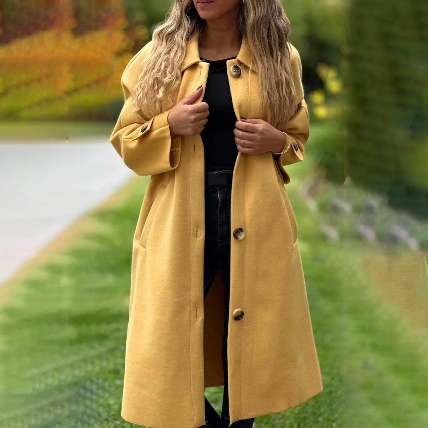 Womens Trench Coat Long Loose Fashion Single Breasted Long Sleeve Wool Blend Coat Fall Winter Lapel Casual Overcoat