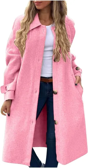 Womens Trench Coat Long Loose Fashion Single Breasted Long Sleeve Wool Blend Coat Fall Winter Lapel Casual Overcoat