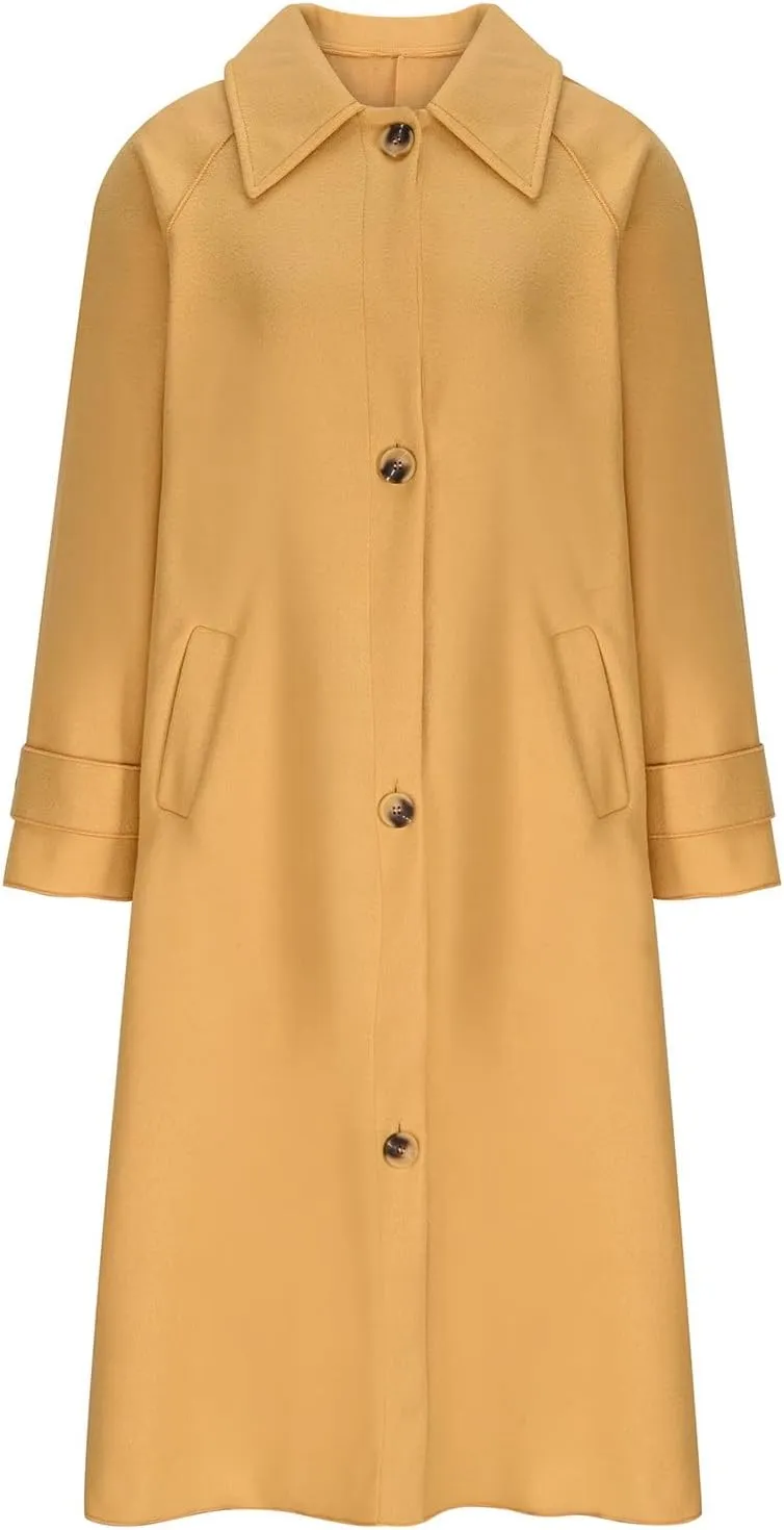 Womens Trench Coat Long Loose Fashion Single Breasted Long Sleeve Wool Blend Coat Fall Winter Lapel Casual Overcoat