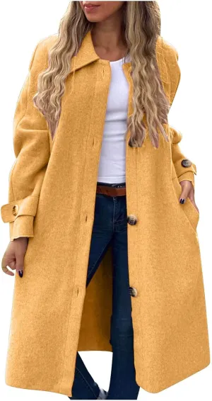 Womens Trench Coat Long Loose Fashion Single Breasted Long Sleeve Wool Blend Coat Fall Winter Lapel Casual Overcoat