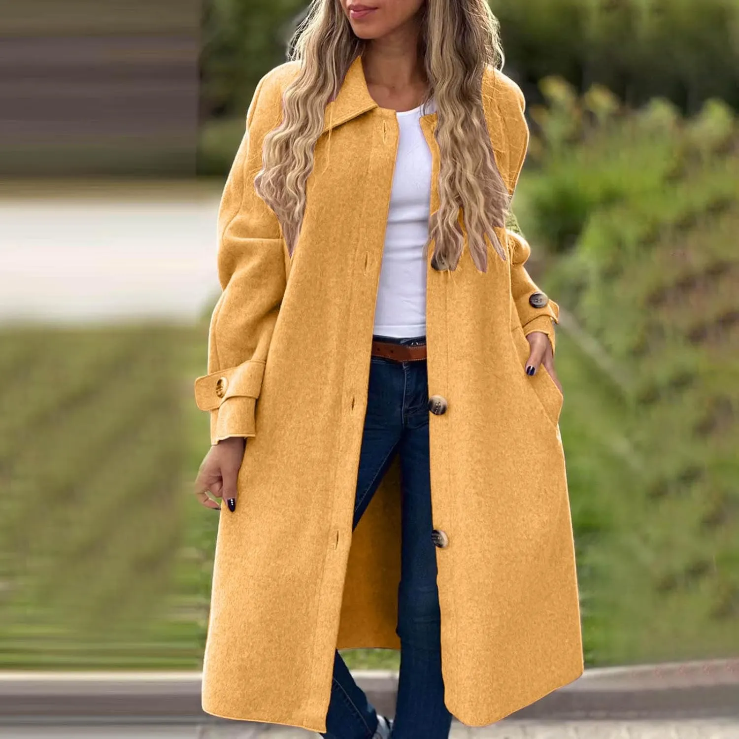 Womens Trench Coat Long Loose Fashion Single Breasted Long Sleeve Wool Blend Coat Fall Winter Lapel Casual Overcoat