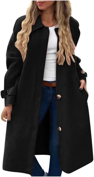 Womens Trench Coat Long Loose Fashion Single Breasted Long Sleeve Wool Blend Coat Fall Winter Lapel Casual Overcoat