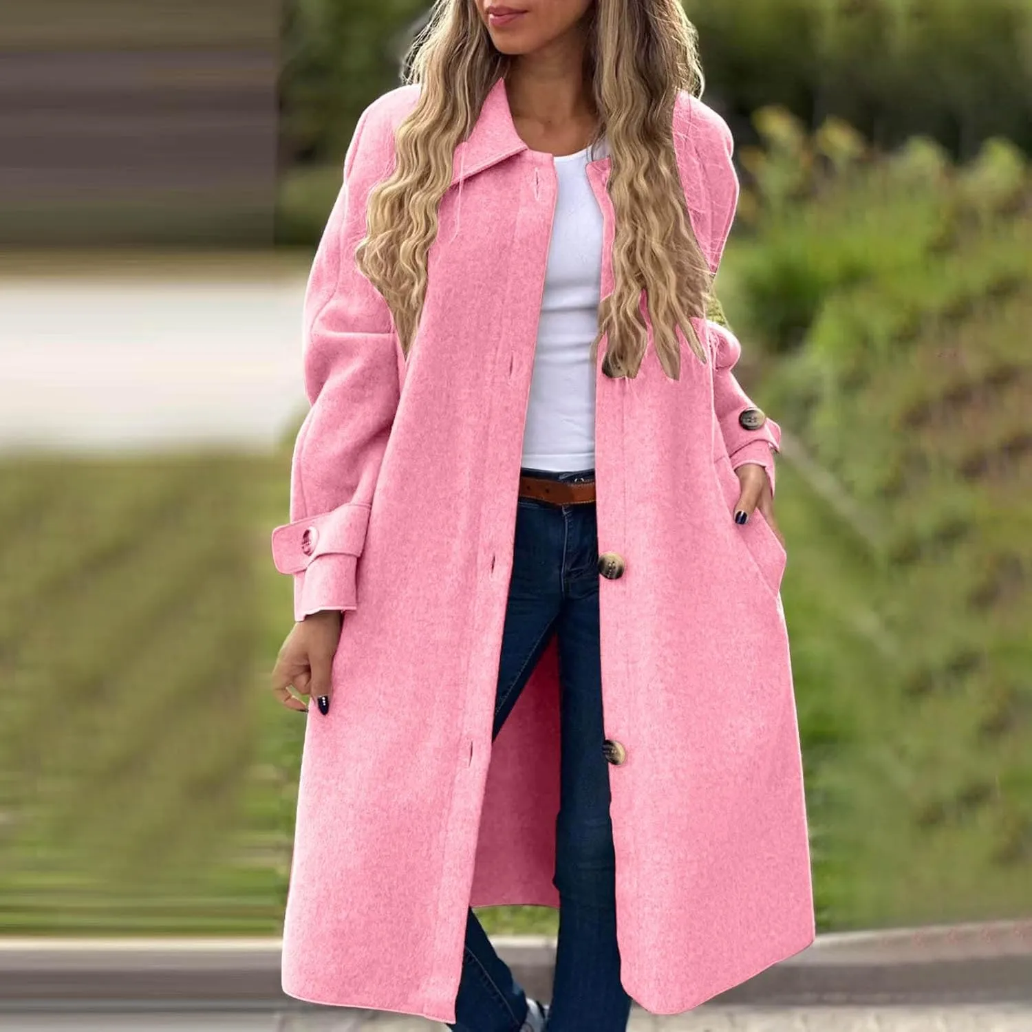 Womens Trench Coat Long Loose Fashion Single Breasted Long Sleeve Wool Blend Coat Fall Winter Lapel Casual Overcoat