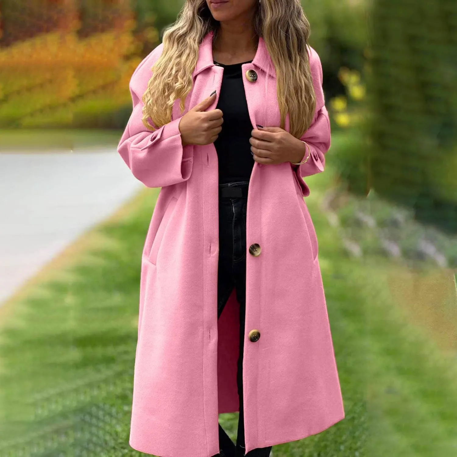 Womens Trench Coat Long Loose Fashion Single Breasted Long Sleeve Wool Blend Coat Fall Winter Lapel Casual Overcoat