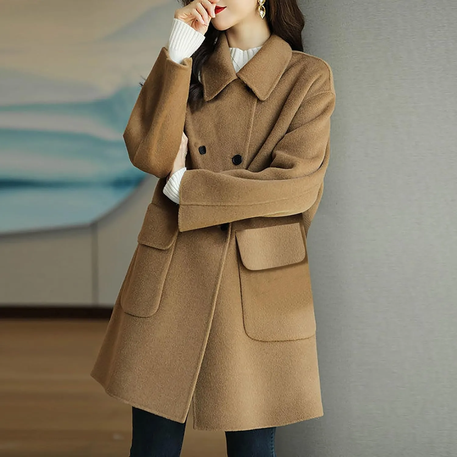 Womens Trench Coat Mid Length Dressy Double Breasted Wool Blend Jacket Solid Color Fall Winter Casual Pocket Pea Coat