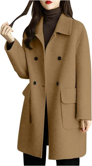 Womens Trench Coat Mid Length Dressy Double Breasted Wool Blend Jacket Solid Color Fall Winter Casual Pocket Pea Coat