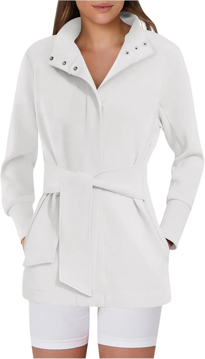 Womens Trench Coat, Mid Long Elegant Outerwear Coats Classic Trendy Overcoats Lapel Winter Solid Jackets with Belt
