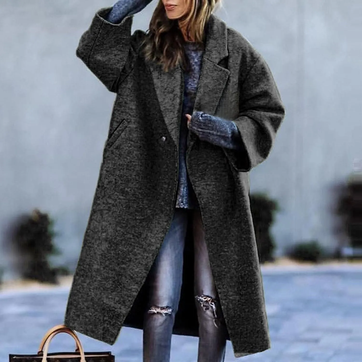 Women's Trench Coats Casual Button Down Stand Collar Pea Coat Wool Blend Warm Winter Jacket Outerwear with Pockets