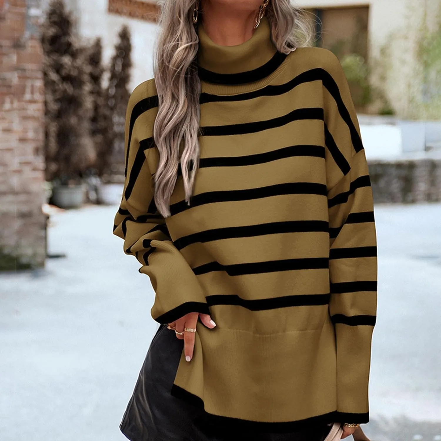 Women's Trendy Fall Winter Striped Long Sleeve Turtleneck Side Slits Sweater Knit Casual Oversized Loose Pullover Tops