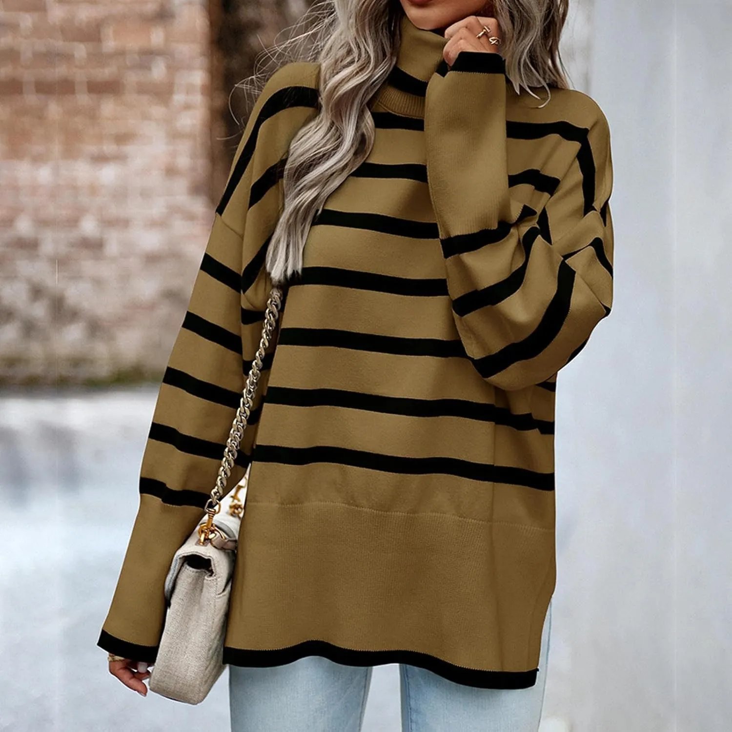 Women's Trendy Fall Winter Striped Long Sleeve Turtleneck Side Slits Sweater Knit Casual Oversized Loose Pullover Tops
