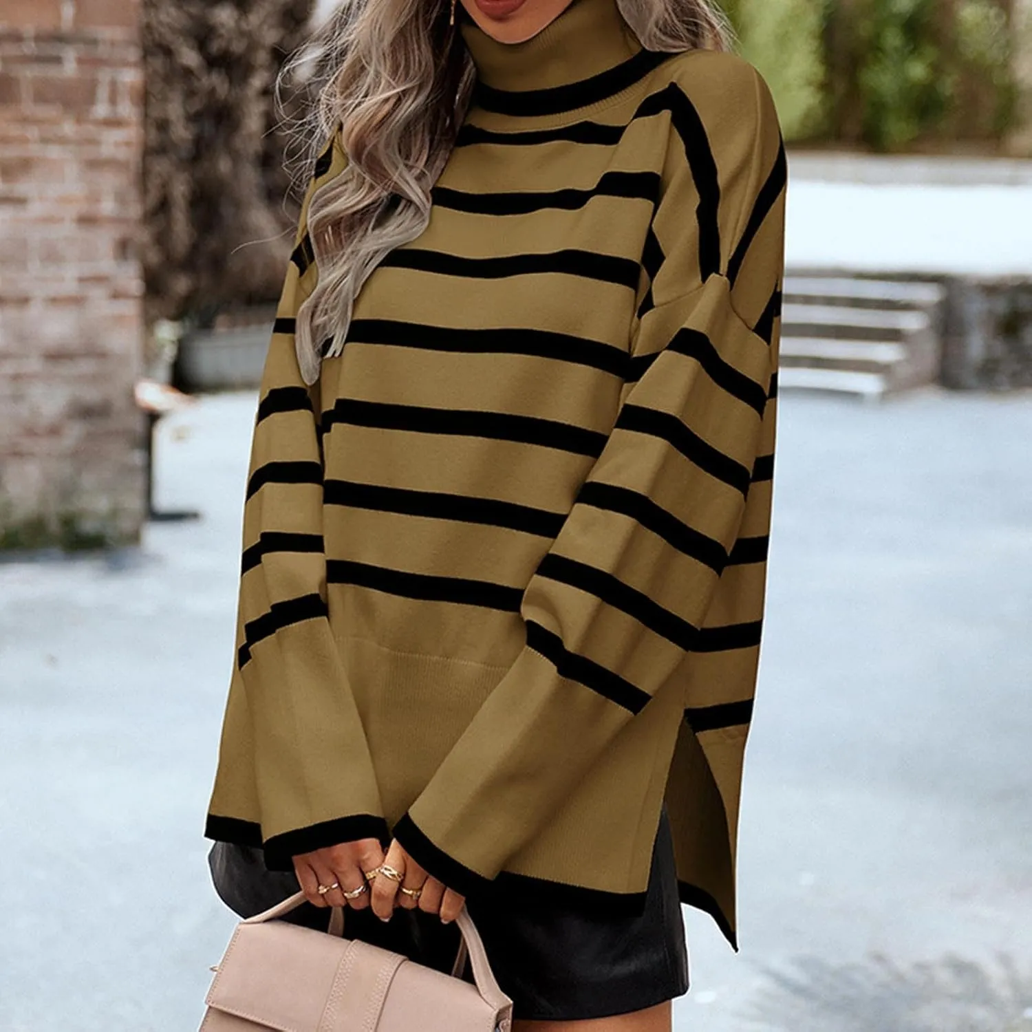 Women's Trendy Fall Winter Striped Long Sleeve Turtleneck Side Slits Sweater Knit Casual Oversized Loose Pullover Tops