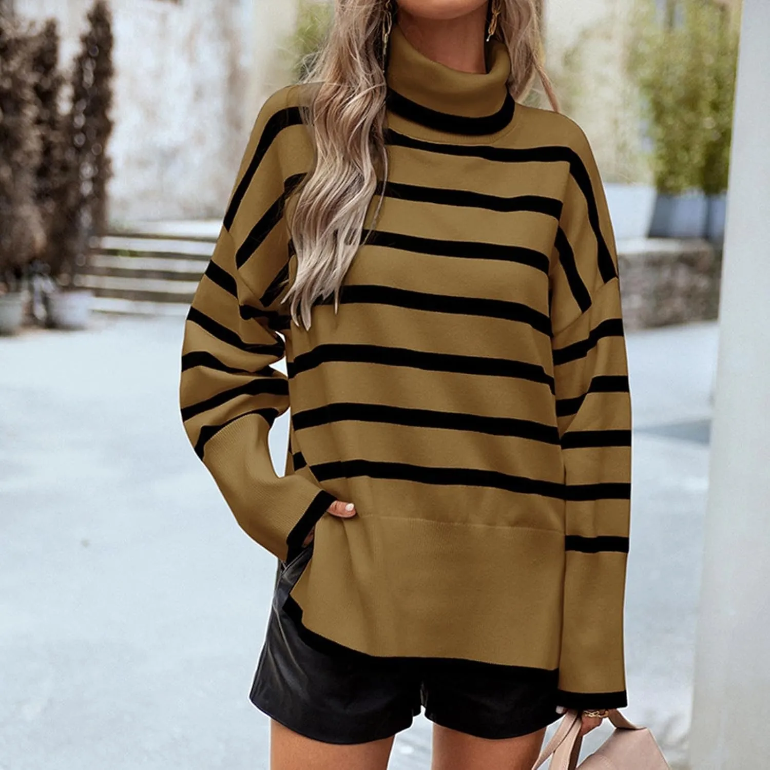 Women's Trendy Fall Winter Striped Long Sleeve Turtleneck Side Slits Sweater Knit Casual Oversized Loose Pullover Tops