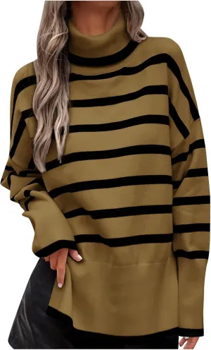 Women's Trendy Fall Winter Striped Long Sleeve Turtleneck Side Slits Sweater Knit Casual Oversized Loose Pullover Tops