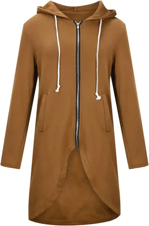 Women's Tunic Long Length Full Zip Hooded Jacket, Womens Casual Drawstring Zip Up Long Hoodies Sweatshirt with Pockets