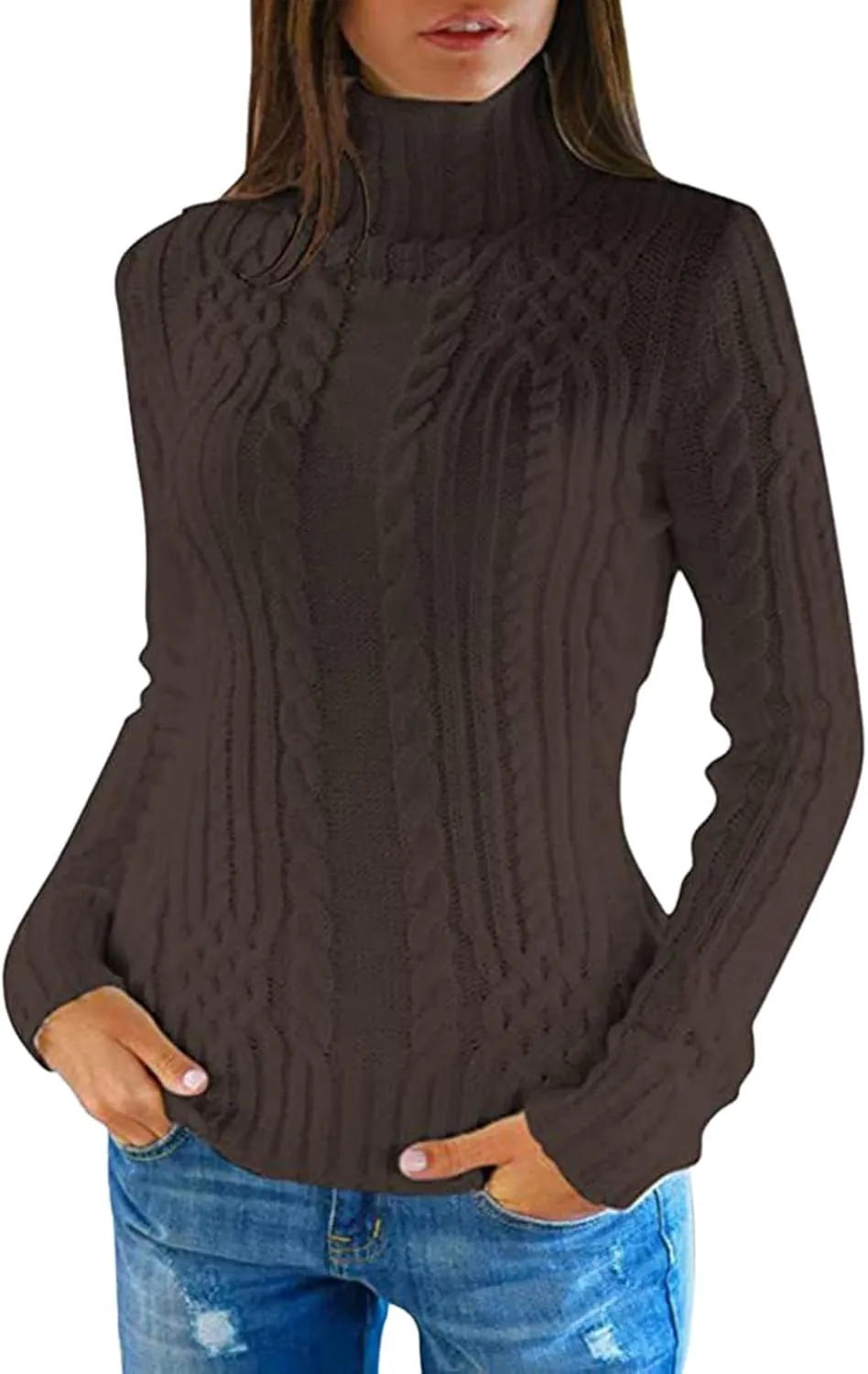Womens Turtleneck Long Sleeve Sweaters 2024 Trendy Casual Pullover Tops Cable Ribbed Knit Sweater Fall Outfits