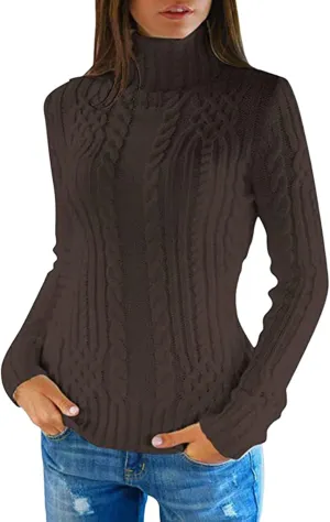 Womens Turtleneck Long Sleeve Sweaters 2024 Trendy Casual Pullover Tops Cable Ribbed Knit Sweater Fall Outfits