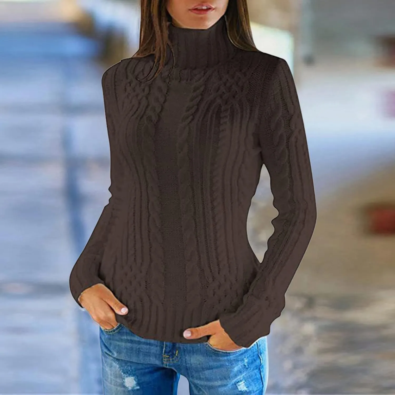 Womens Turtleneck Long Sleeve Sweaters 2024 Trendy Casual Pullover Tops Cable Ribbed Knit Sweater Fall Outfits