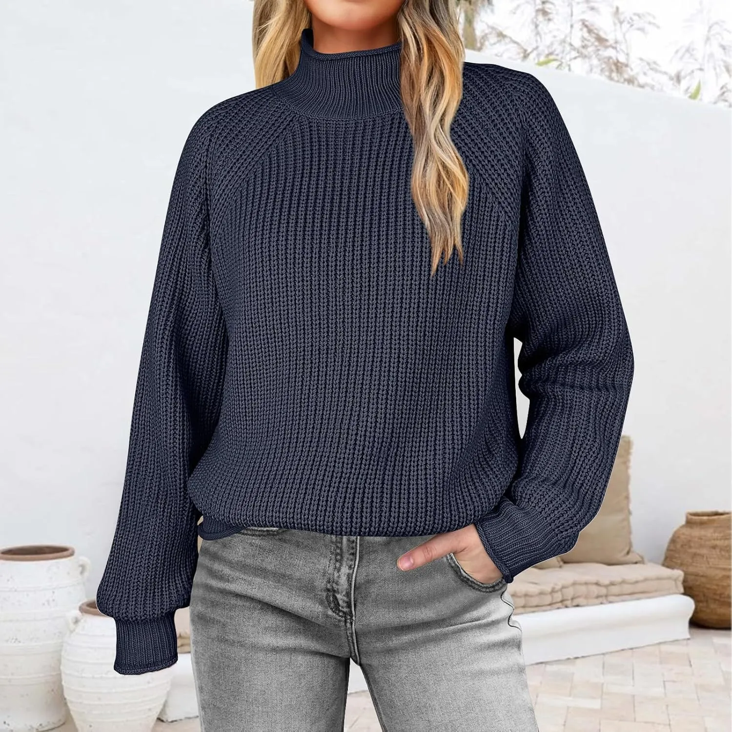 Womens Turtleneck Oversized Sweaters Long Sleeve Pullover Ribbed Knit Jumper Casual Soft Sweater Tops
