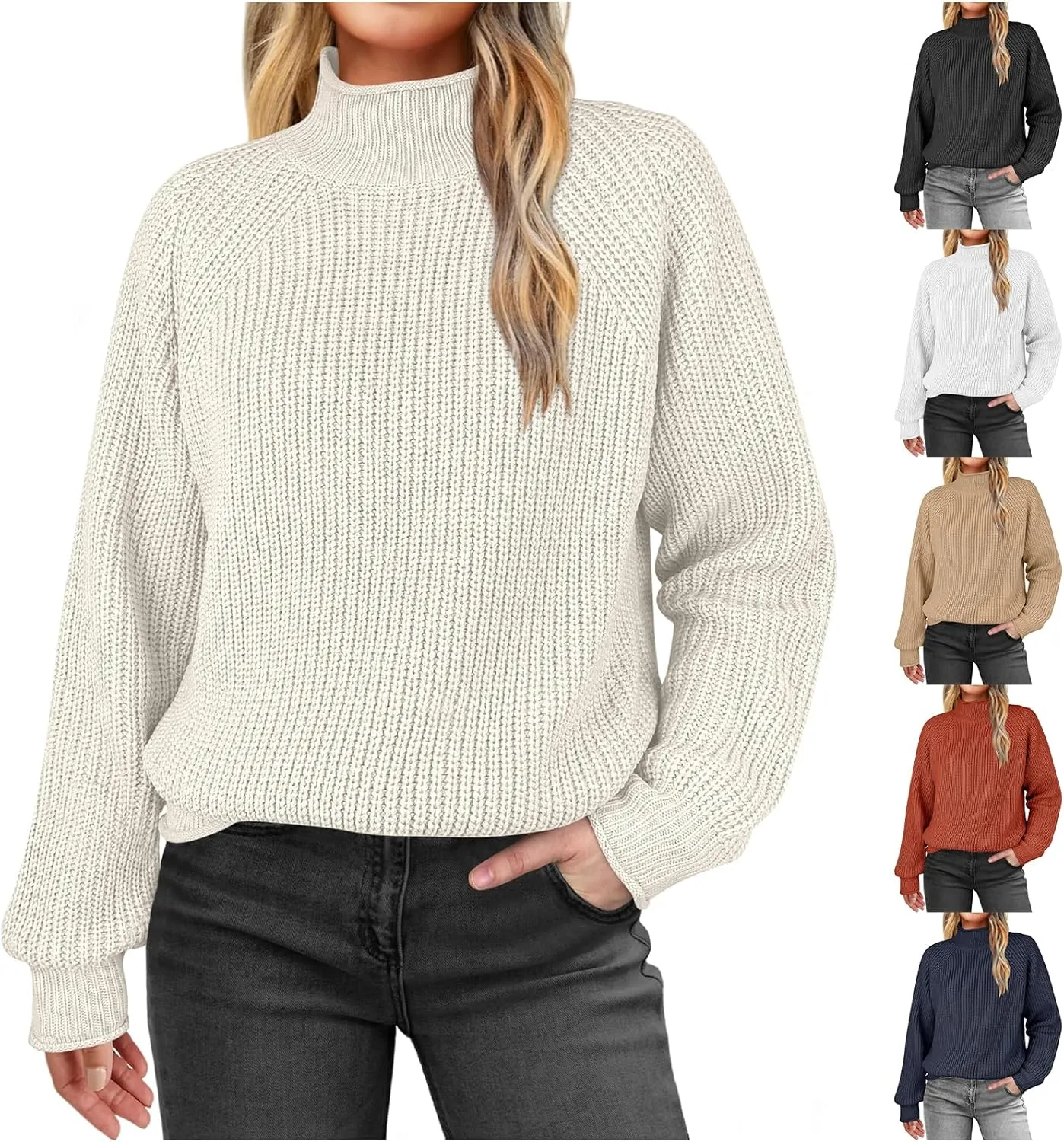 Womens Turtleneck Oversized Sweaters Long Sleeve Pullover Ribbed Knit Jumper Casual Soft Sweater Tops