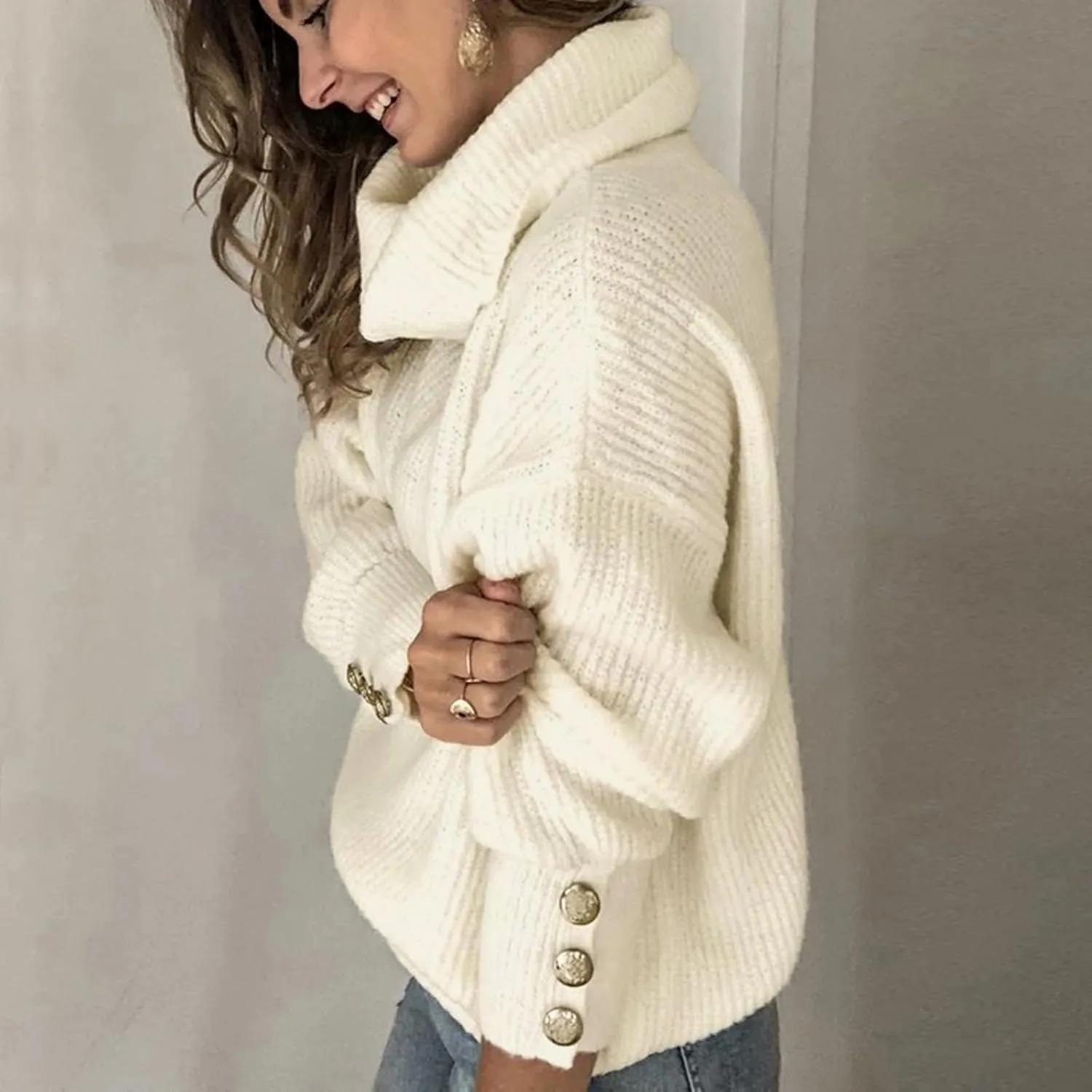 Women's Turtleneck Pullover Sweaters Oversized Chunky Knit Sweater Cowl Neck Long Sleeve Winter Slouchy Jumper Tops