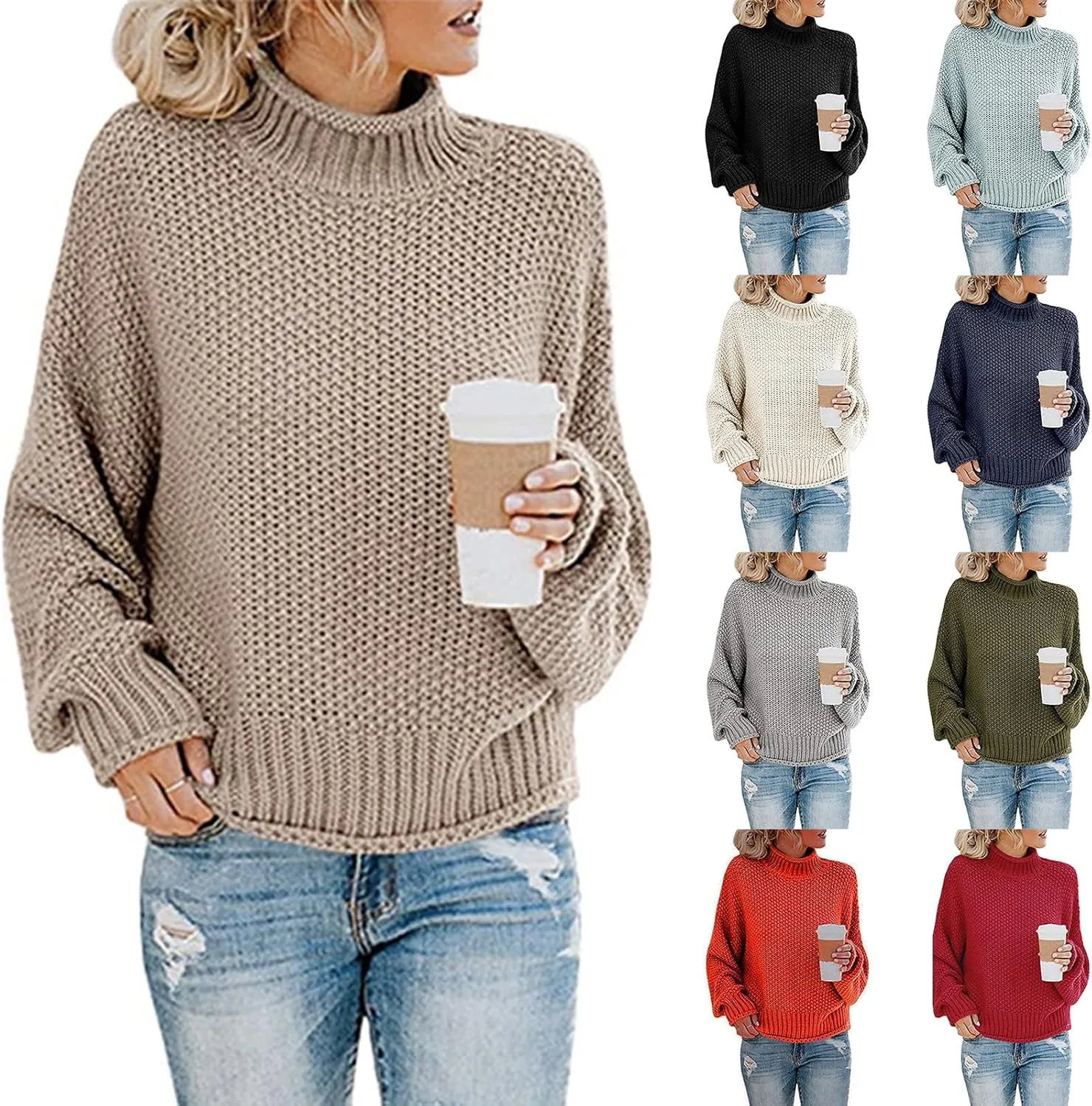 Womens Turtleneck Sweaters Long Sleeve Oversized Fuzzy Knit Chunky Warm Pullover Drop Shoulder Jumper 2023