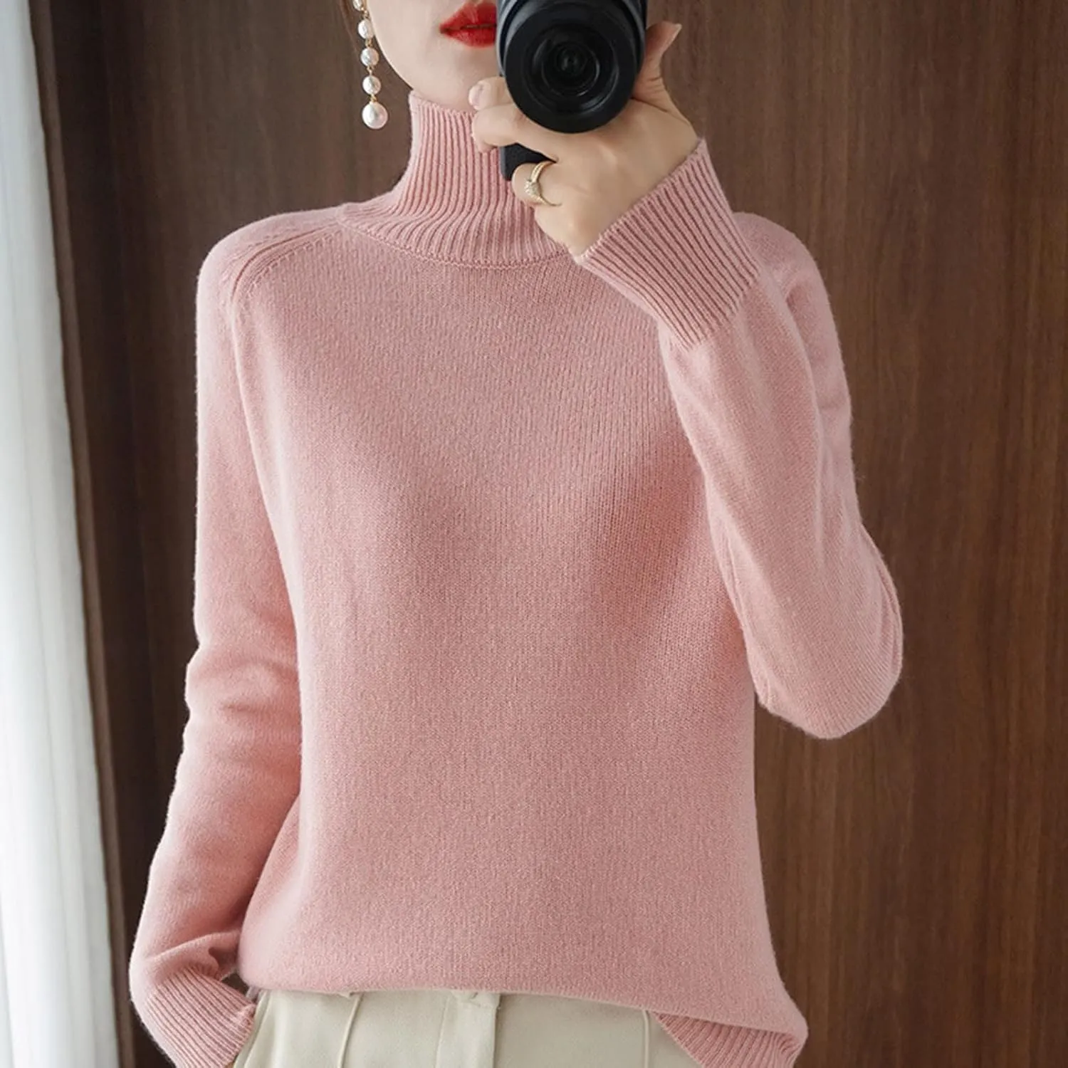 Womens Turtleneck Sweaters Oversized Sweaters Ribbed Knitted Sweater Fall Pullover Sweater Y2K Sweaters Jumper Tops
