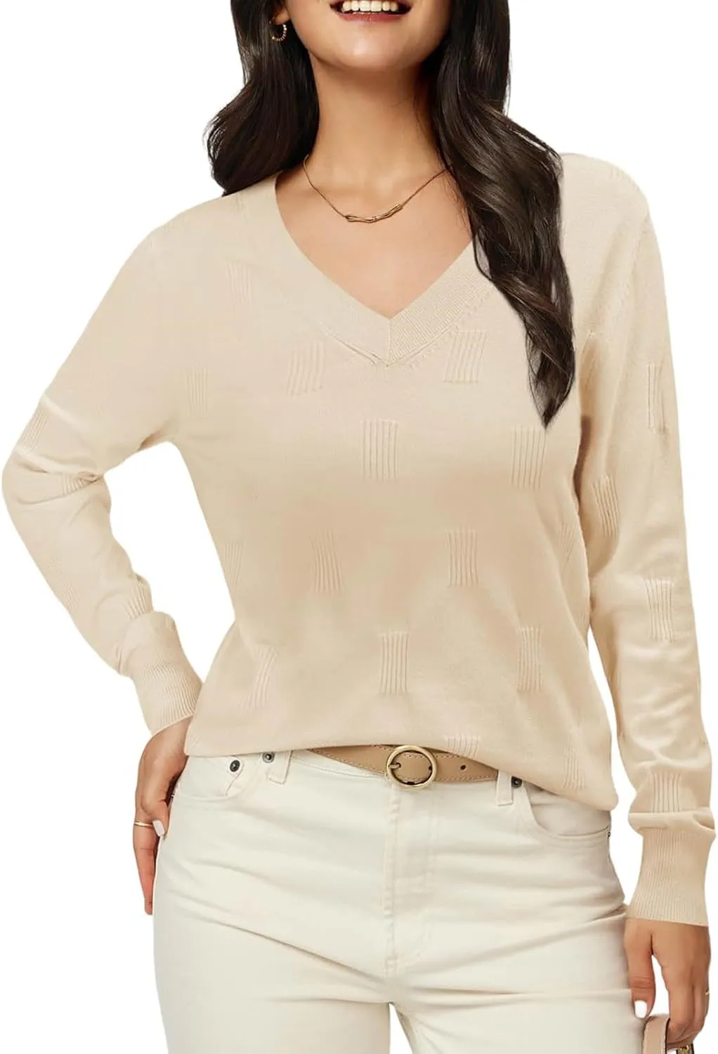 Women's V Neck Long Sleeve Pullover Knitted Sweater Tops Fashion Cozy Ribbed Knitting Sweaters Classic Casual Jumpers