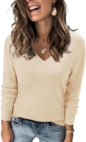 Women's V Neck Long Sleeve Pullover Knitted Sweater Tops Fashion Cozy Ribbed Knitting Sweaters Classic Casual Jumpers