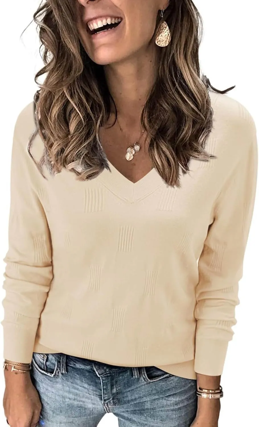 Women's V Neck Long Sleeve Pullover Knitted Sweater Tops Fashion Cozy Ribbed Knitting Sweaters Classic Casual Jumpers