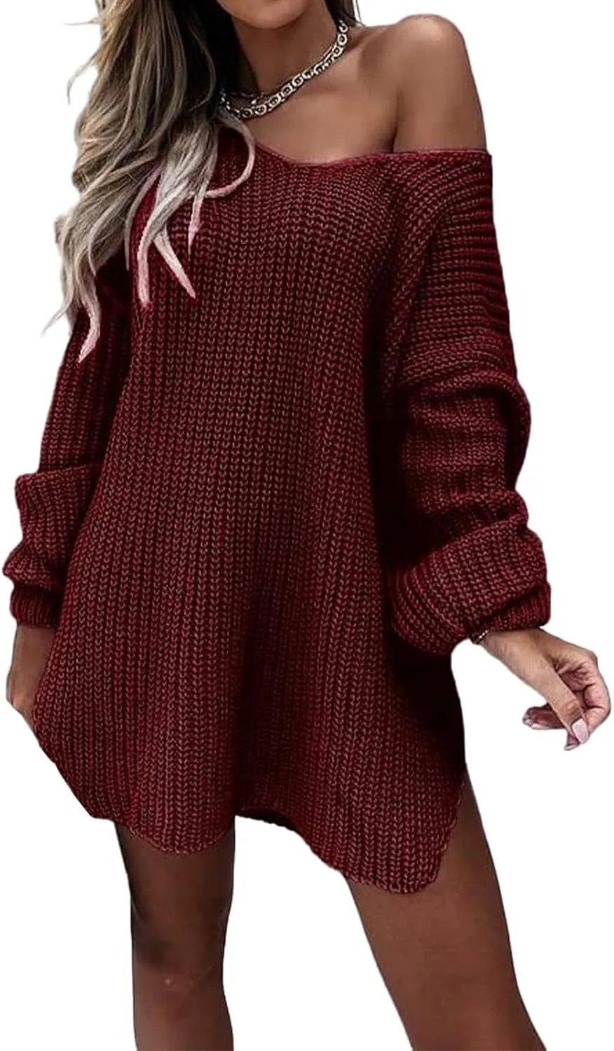 Womens V Neck Sweater Chunky Knit Sweaters Oversized Pullover Tops Long Sleeve Off Shoulder Jumper Loose Fit Tops