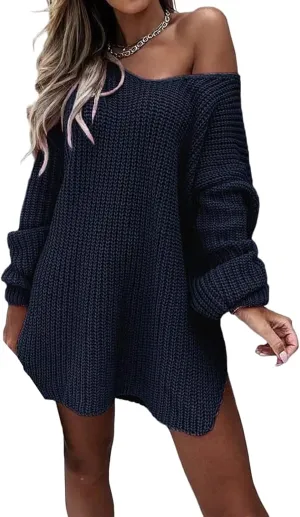 Womens V Neck Sweater Chunky Knit Sweaters Oversized Pullover Tops Long Sleeve Off Shoulder Jumper Loose Fit Tops