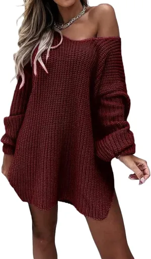 Womens V Neck Sweater Chunky Knit Sweaters Oversized Pullover Tops Long Sleeve Off Shoulder Jumper Loose Fit Tops