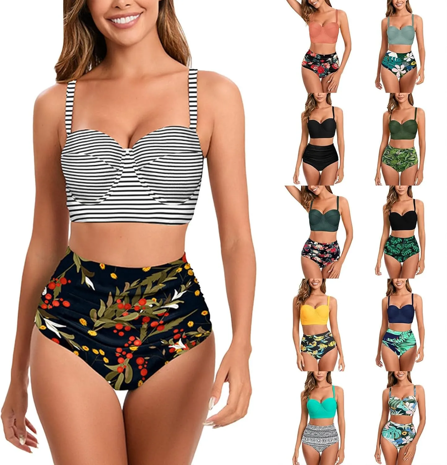 Womens Vintage Polka Underwire High Waisted Swimsuit Flattering Two Piece Swimsuits Floral Bikini Sets Retro Bathing Suits