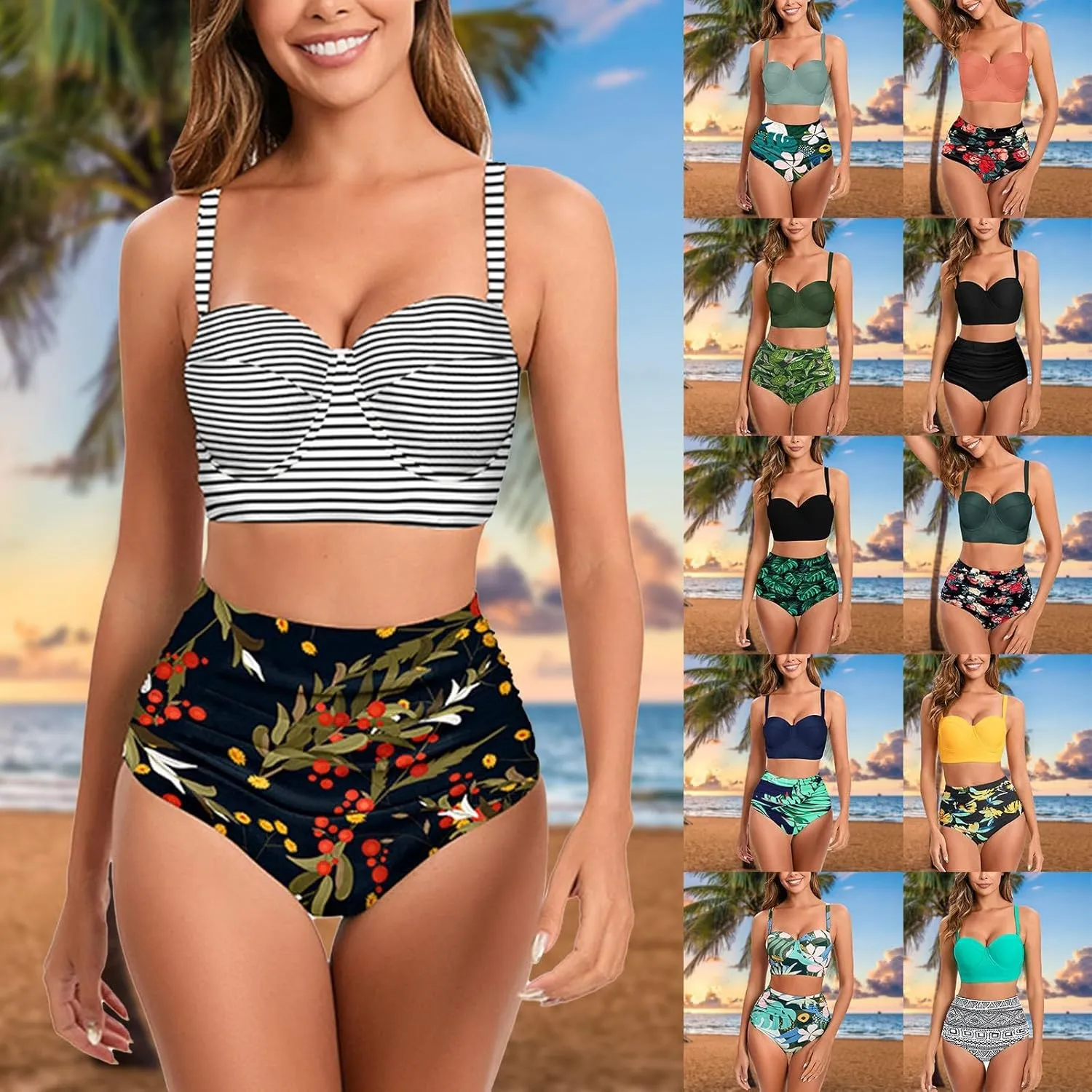 Womens Vintage Polka Underwire High Waisted Swimsuit Flattering Two Piece Swimsuits Floral Bikini Sets Retro Bathing Suits