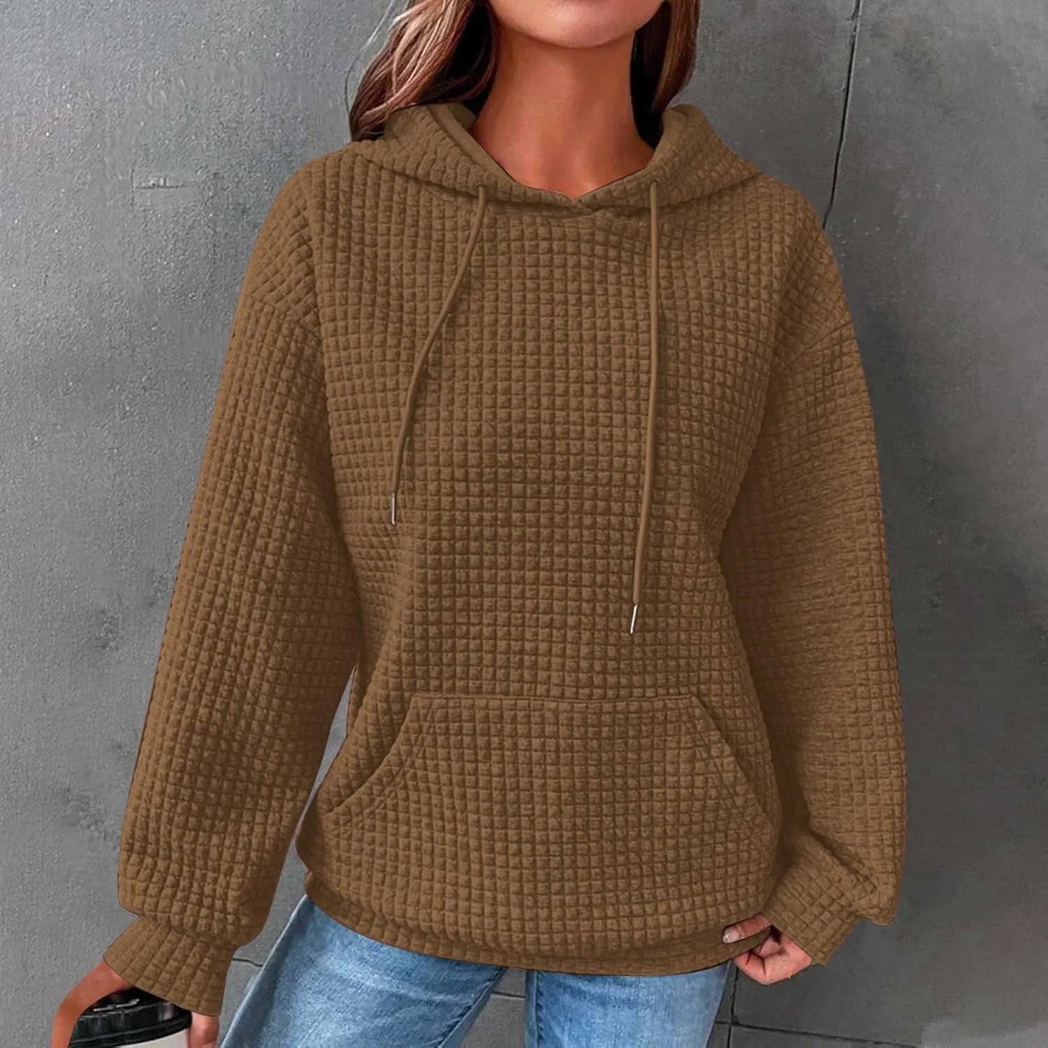 Womens Waffle Knit Hoodies Casual Long Sleeve Fall Fashion Hooded Sweatshirts Dressy Loose Oversized Pullover Tops
