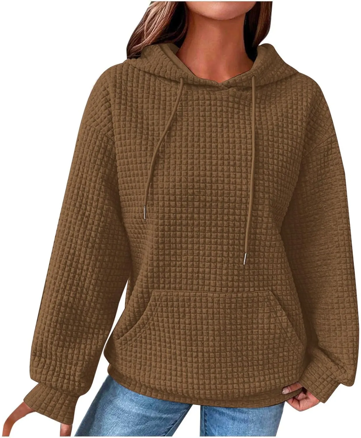 Womens Waffle Knit Hoodies Casual Long Sleeve Fall Fashion Hooded Sweatshirts Dressy Loose Oversized Pullover Tops
