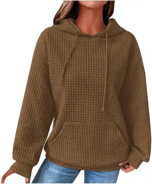 Womens Waffle Knit Hoodies Casual Long Sleeve Fall Fashion Hooded Sweatshirts Dressy Loose Oversized Pullover Tops
