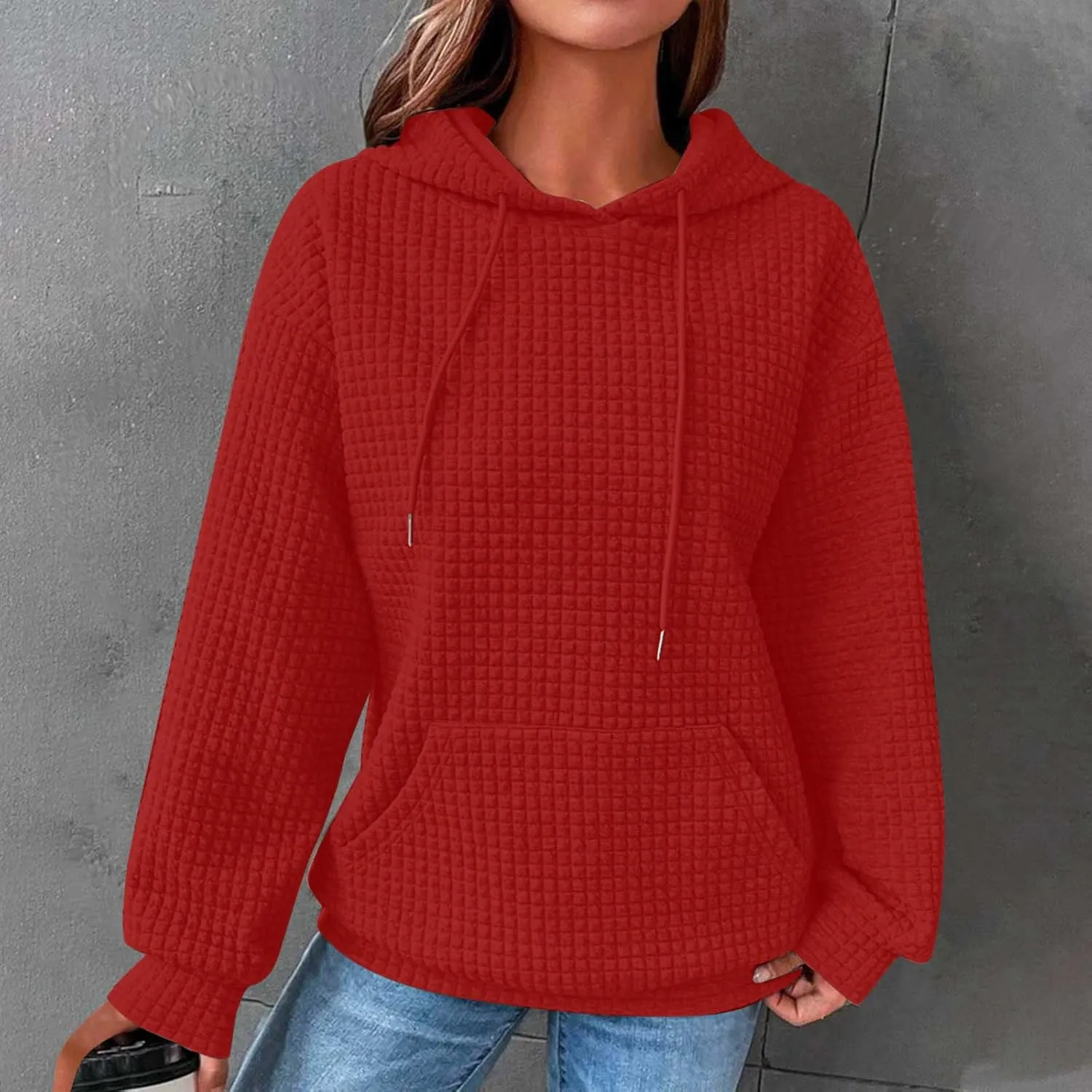 Womens Waffle Knit Hoodies Casual Long Sleeve Fall Fashion Hooded Sweatshirts Dressy Loose Oversized Pullover Tops