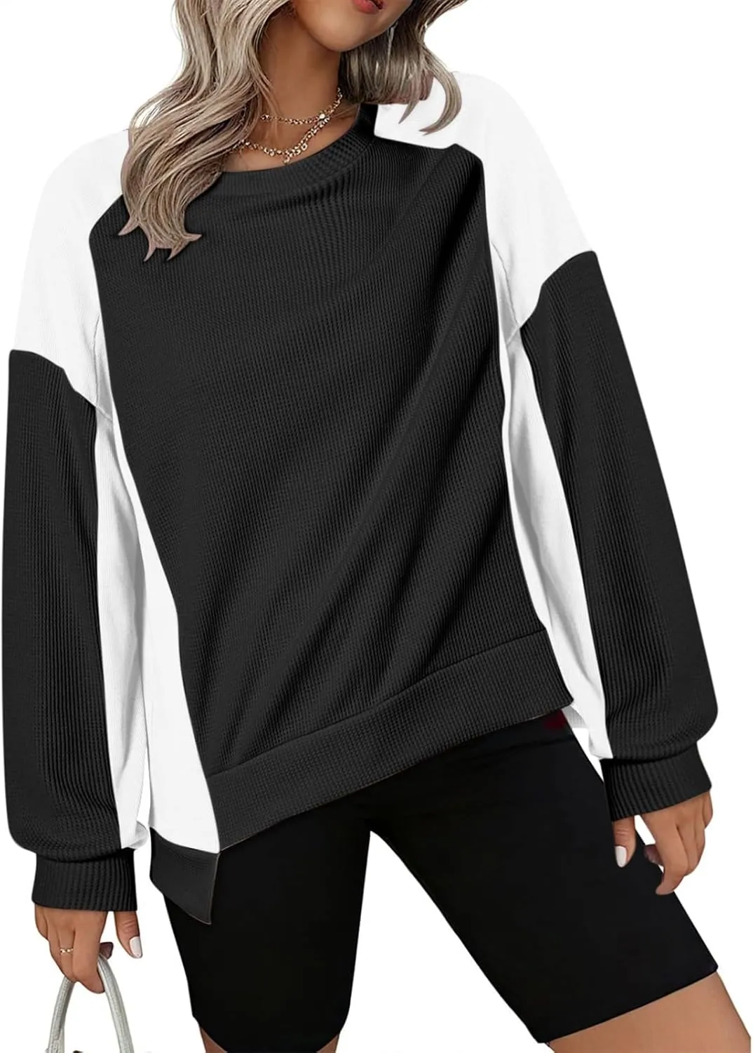 Womens Waffle Knit Tops Fashion Color Block Crewneck Long Sleeve Drop Shoulder Pullover Shirts Fall Loose Sweatshirt