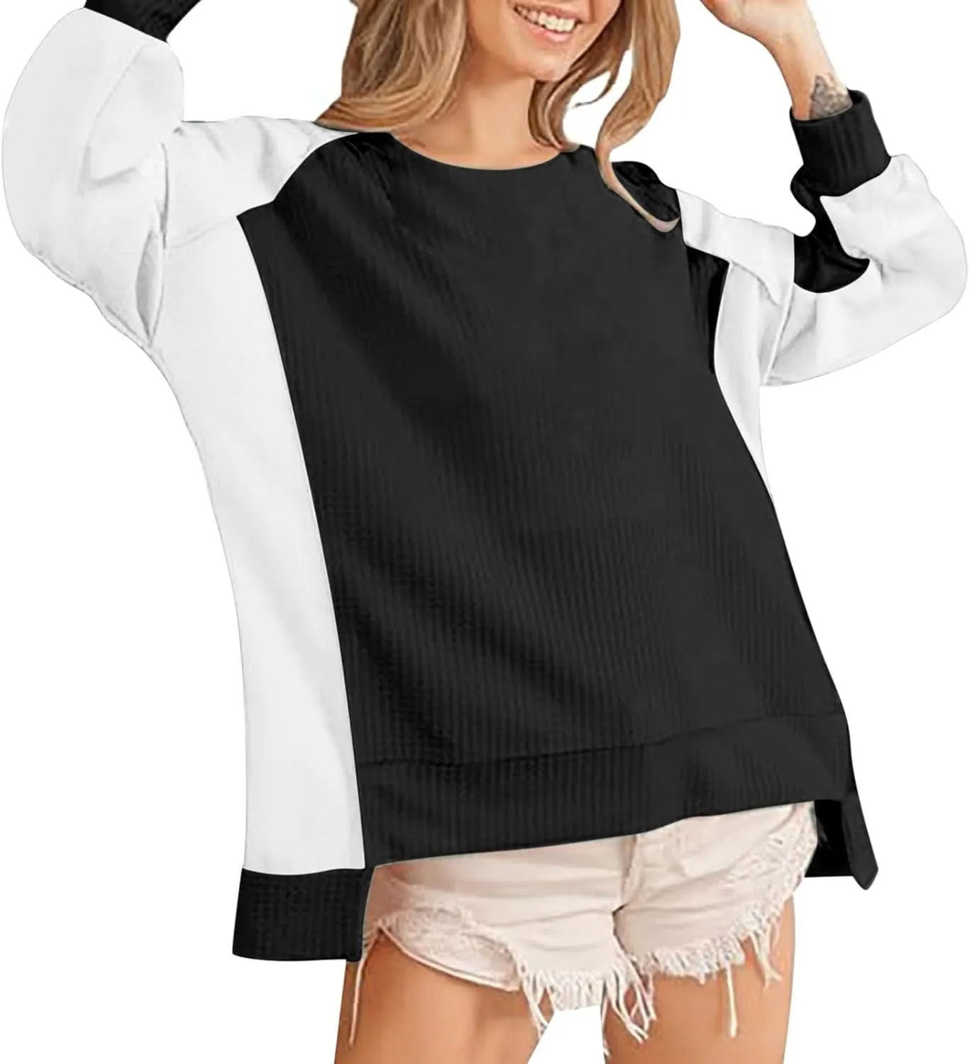 Womens Waffle Knit Tops Fashion Color Block Crewneck Long Sleeve Drop Shoulder Pullover Shirts Fall Loose Sweatshirt