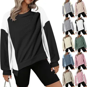 Womens Waffle Knit Tops Fashion Color Block Crewneck Long Sleeve Drop Shoulder Pullover Shirts Fall Loose Sweatshirt