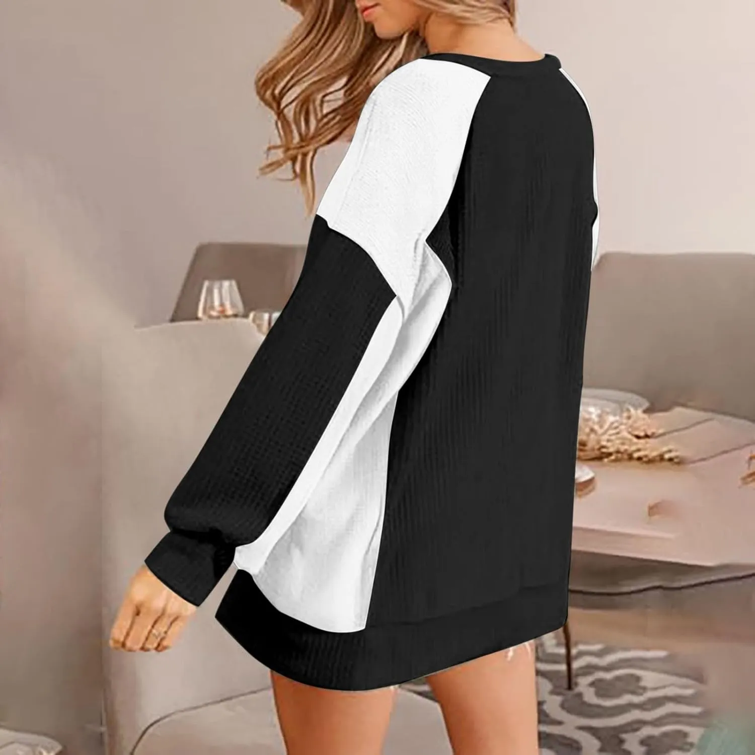 Womens Waffle Knit Tops Fashion Color Block Crewneck Long Sleeve Drop Shoulder Pullover Shirts Fall Loose Sweatshirt