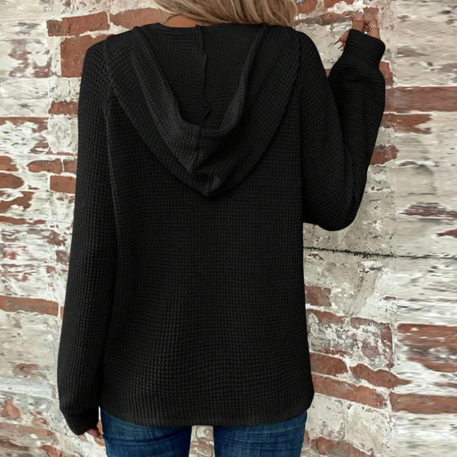 Womens Waffle Sweater Autumn Casual Solid Drawstring Hooded Button Up Slouchy Hoodies Loose Knitted Long Sleeve Tops